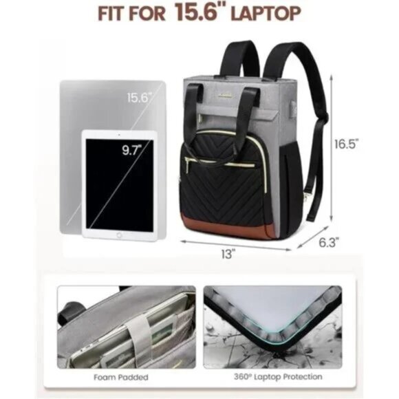 NEW 15.6 Inch Laptop Bag Backpack Grey&black&brown CONVERTIBLE TRAVEL BAG - Picture 4 of 7